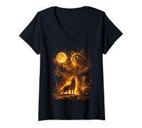 Mujer Vintage Moonlight Animal Divertido Mapache Aullando en la Luna Camiseta Cuello V