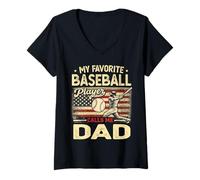 Mujer Vintage My Favorite Baseball Player Calls Me Dad Bandera de EE. UU Camiseta Cuello V