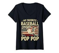 Mujer Vintage My Favorite Baseball Player Calls Me Pop Pop Bandera de EE. UU Camiseta Cuello V