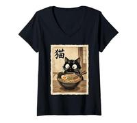 Mujer Vintage Negro Gato Comer Ramen Fideos Japoneses Japón Camiseta Cuello V