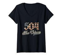 Mujer Vintage New Orleans 504 Área Code Patriot USA American Flag Camiseta Cuello V