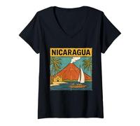 Mujer Vintage Nicaragua Volcán Y Vela Viaje Póster Camiseta Cuello V