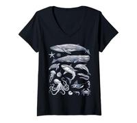 Mujer Vintage Océano Vida Marina Animales Fauna Silv Camiseta Cuello V