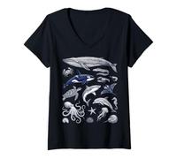 Mujer Vintage Océano Vida Marina Animales Fauna Silv Camiseta Cuello V