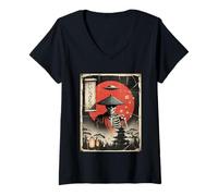Mujer Vintage OVNI Alien Samurai Esqueleto Japón Divertido Ukiyo-e Arte Camiseta Cuello V