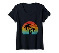 Mujer Vintage Palmeras Puesta del Sol Retro Verano Chill Tropical Vibes Camiseta Cuello V