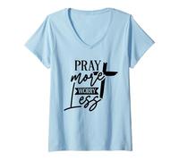 Mujer Vintage Pray More Worry Less - Verso de la Biblia Christian Faith Camiseta Cuello V