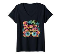 Mujer Vintage Puerto Vallarta 2026 Vacaciones en la Playa City Trip Familia Camiseta Cuello V