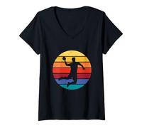 Mujer Vintage Puesta del Sol Jugador de Balonmano Tiro lanzando Tiro Retro Deporte Camiseta Cuello V