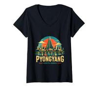 Mujer Vintage Pyongyang Corea del Norte Viaje Souvenir Monumento Regalo Camiseta Cuello V
