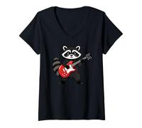 Mujer Vintage Raccoon Punk Music Playing Guitar Camiseta Cuello V