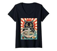 Mujer Vintage Ramen Cat Comiendo Fideos Comida Japonesa Gráfico Camiseta Cuello V