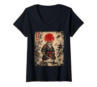 Mujer Vintage Rana Samurai Japonés Katana Guerrero Ukiyo-e Arte Camiseta Cuello V
