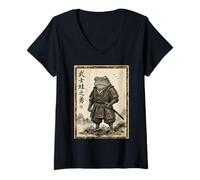 Mujer Vintage Rana Samurai Japonés Katana Guerrero Ukiyo-e Arte Camiseta Cuello V