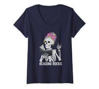 Mujer Vintage READING ROCKS Maestro de primaria Leer a través Camiseta Cuello V