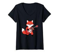 Mujer Vintage Red Fox Punk Music Playing Guitar Camiseta Cuello V
