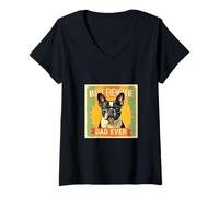 Mujer Vintage Retro Bulldog Francés Papá Mejor Frenchi Papá Ever Meme Camiseta Cuello V