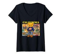 Mujer Vintage Retro California Teddy Bear Stories with USA Flag Camiseta Cuello V