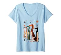 Mujer Vintage Retro Mid-Century Cuello Largo Perros 50s 60s Estilo Camiseta Cuello V