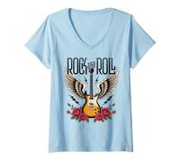 Mujer Vintage Retro Style 70s 80s Guitar with Wings Rock and Roll Camiseta Cuello V
