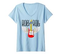 Mujer Vintage Retro Style 70s 80s Guitar with Wings Rock and Roll Camiseta Cuello V