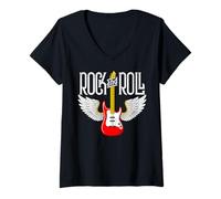 Mujer Vintage Retro Style 70s 80s Guitar with Wings Rock and Roll Camiseta Cuello V