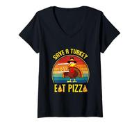 Mujer Vintage Retro Turquía sosteniendo Pizza Guardar Un Pavo Comer Pizza Camiseta Cuello V