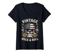 Mujer Vintage Rock and Roll American Flag Skull Graphic Guitar Camiseta Cuello V