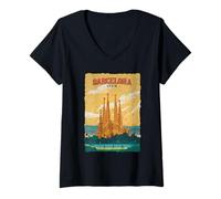 Mujer Vintage Sagrada Familia Barcelona España Póster Viaje Camiseta Cuello V