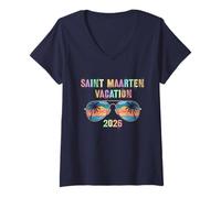 Mujer Vintage Saint Maarten Vacaciones 2026 Viaje Playa Vacay Camiseta Cuello V