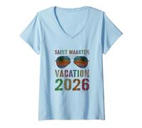 Mujer Vintage Saint Maarten Vacaciones 2026 Viaje Playa Vacay Camiseta Cuello V