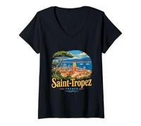 Mujer Vintage Saint Tropez Francia Viaje Souvenir Monumento Regalo Camiseta Cuello V