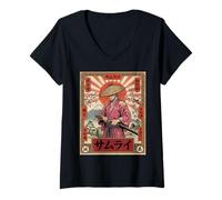 Mujer Vintage Sakura Samurai Guerrero Japonés Arte Retro Japón Camiseta Cuello V