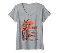 Mujer Vintage Sam's Seafood Tiki Bar | Estilo de salón polinesio de los años 60 Camiseta Cuello V