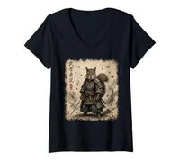 Mujer Vintage Samurai Ardilla Japonesa Katana Guerrero Ukiyo-e Arte Camiseta Cuello V