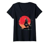 Mujer Vintage Samurai Fox Guerrero Japonés Ukiyo-e Estilo Camiseta Cuello V