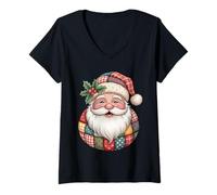 Mujer Vintage Santa Claus Navidad Cozy Holiday Patchwork Diseño Camiseta Cuello V