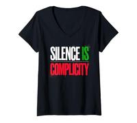Mujer Vintage SILENCIO ES COMPLICIDAD Protesta Democracia Cambio Escuadrón Camiseta Cuello V