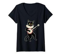 Mujer Vintage Silly Weird Cat Playing Banjo Country Cat Lover Camiseta Cuello V