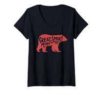 Mujer Vintage Smoky Mountains Retro Black Bear Typography Camiseta Cuello V