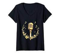 Mujer Vintage Stage Mic Microphone with Music Notes Clef Musician Camiseta Cuello V