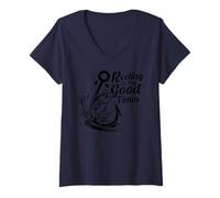 Mujer Vintage tambaleándose en los buenos tiempos divertido Bass Fishing Lover Camiseta Cuello V
