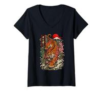 Mujer Vintage Tattoo Tiger Estilo Japonés Arte Monte Fuji Gráfico Camiseta Cuello V
