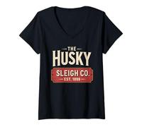 Mujer Vintage The Husky Sleigh Co Clásico Retro Navidad Camiseta Cuello V