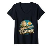 Mujer Vintage Thessaloniki Grecia Travel Souvenir Landmark Gift Camiseta Cuello V