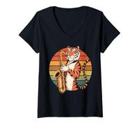 Mujer Vintage Tigre Tocando Saxofón Jazz Saxofón Saxofón Músico Camiseta Cuello V