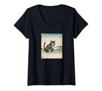 Mujer Vintage Ukiyo-e Cat Mount Fuji Cherry Blossom Arte japonés Camiseta Cuello V