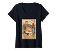 Mujer Vintage Ukiyo-e Sumo Cat Lucha Japonesa Arte Cultura Camiseta Cuello V