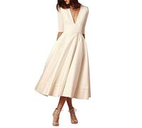 Mujer Vintage Vestidos Elegante Manga 1/2 Cuello en V Profundo Color Puro Vestir de Cóctel Fiesta Noche Midi Swing Dress Blanco ES 46