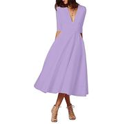 Mujer Vintage Vestidos Elegante Manga 1/2 Cuello en V Profundo Color Puro Vestir de Cóctel Fiesta Noche Midi Swing Dress Lavanda ES 42